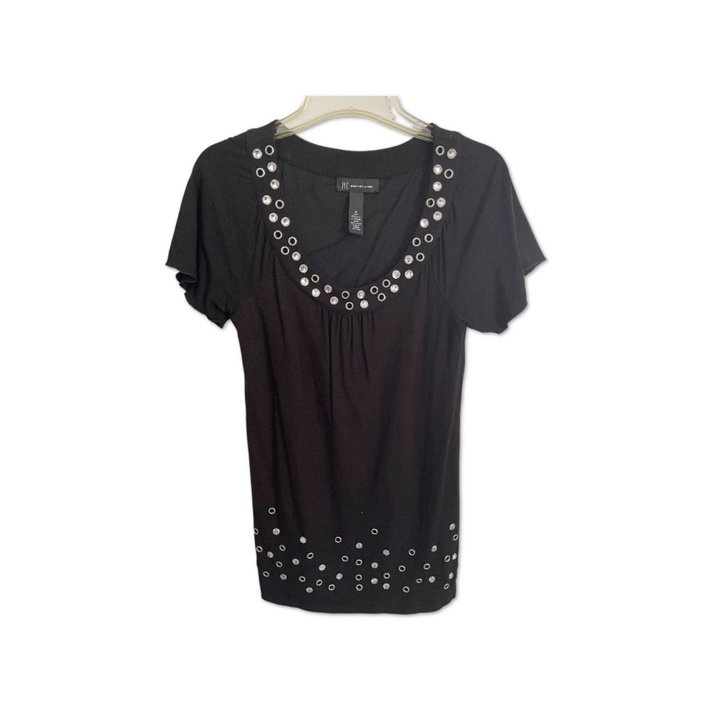 Medium top, black with decorative rhinestones around the neck and bottom.